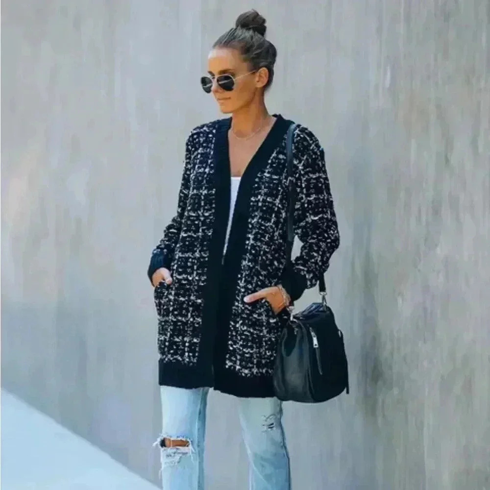 Johnny Becca long knit cardigan sweater duster black white pink woman’s size S/M